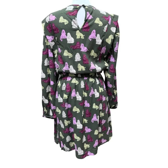 NWT Compania Fantastica Sheep Dog Print Green Smock Dress Size Small - Picture 5 of 11